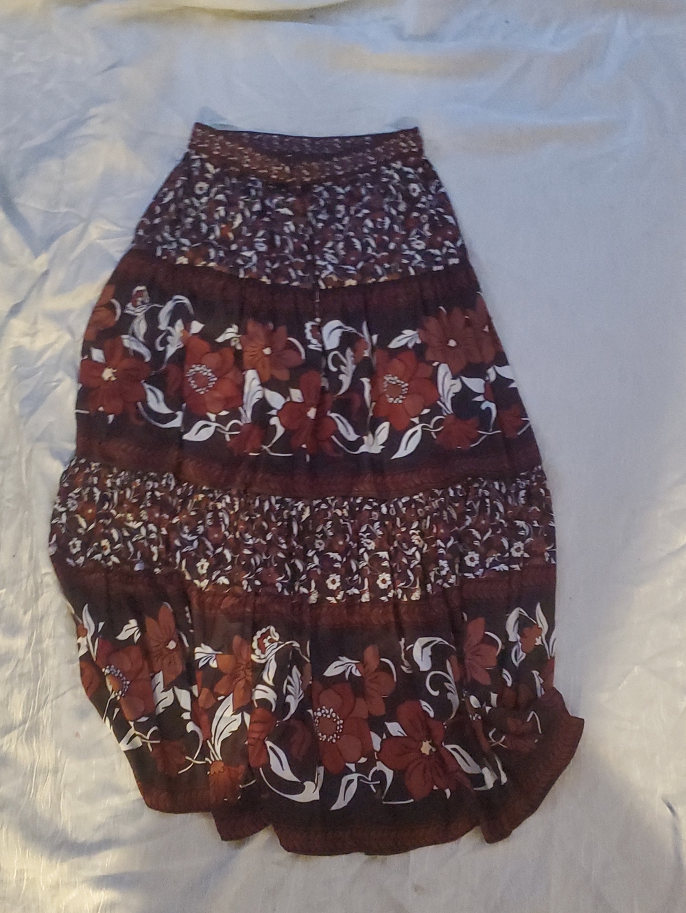 (Retail $100) Rachel Zoe Burgundy Floral Tiered Maxi Skirt